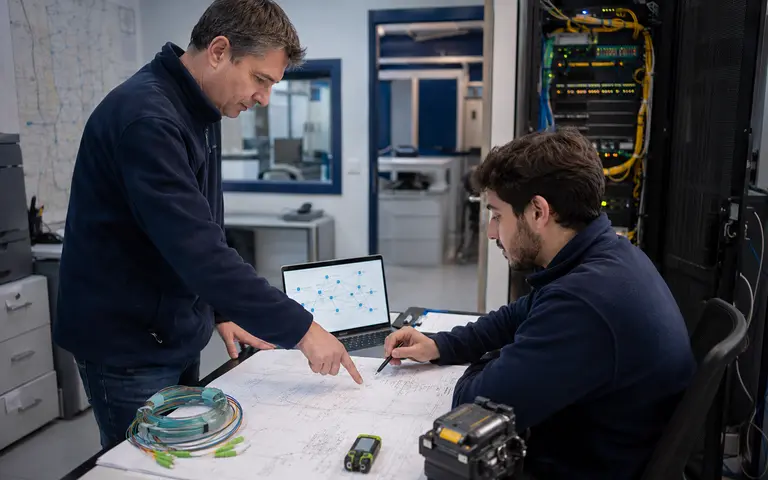 Equipo de ingeniería trabajando sobre planos de infraestructura